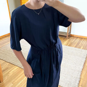Vince Navy Short Sleeve Ruched Crew Neck Classic Designer Maxi Dress Large